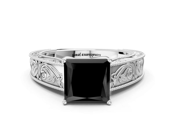 Platinum Princess Cut Vintage Engraved Solitaire Engagement Ring Setting for Black Center