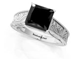 White gold Fancy Black Princess Cut Cut Solitaire Engraved Band with Four-Prong Setting_1