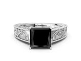White gold Fancy Black Princess Cut Cut Solitaire Engraved Band with Four-Prong Setting