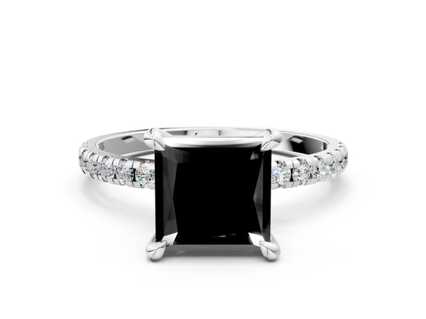 Platinum Princess Cut Solitaire Engagement Ring Setting for Black Center with Slim Fine Pave Band