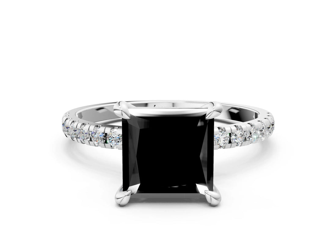 White gold Fancy Black Princess Cut Diamond Brilliant Solitaire Ring with Pavé Band and Four-Prong Setting_12