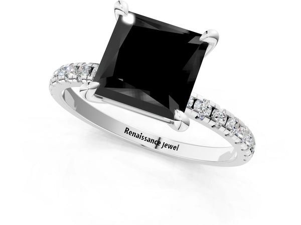 Platinum Princess Cut Solitaire Engagement Ring Setting for Black Center with Slim Fine Pave Band