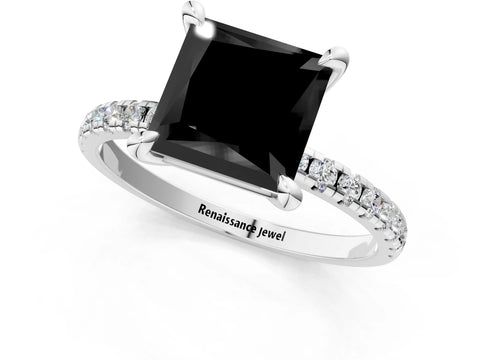 White gold Fancy Black Princess Cut Diamond Brilliant Solitaire Ring with Pavé Band and Four-Prong Setting_1
