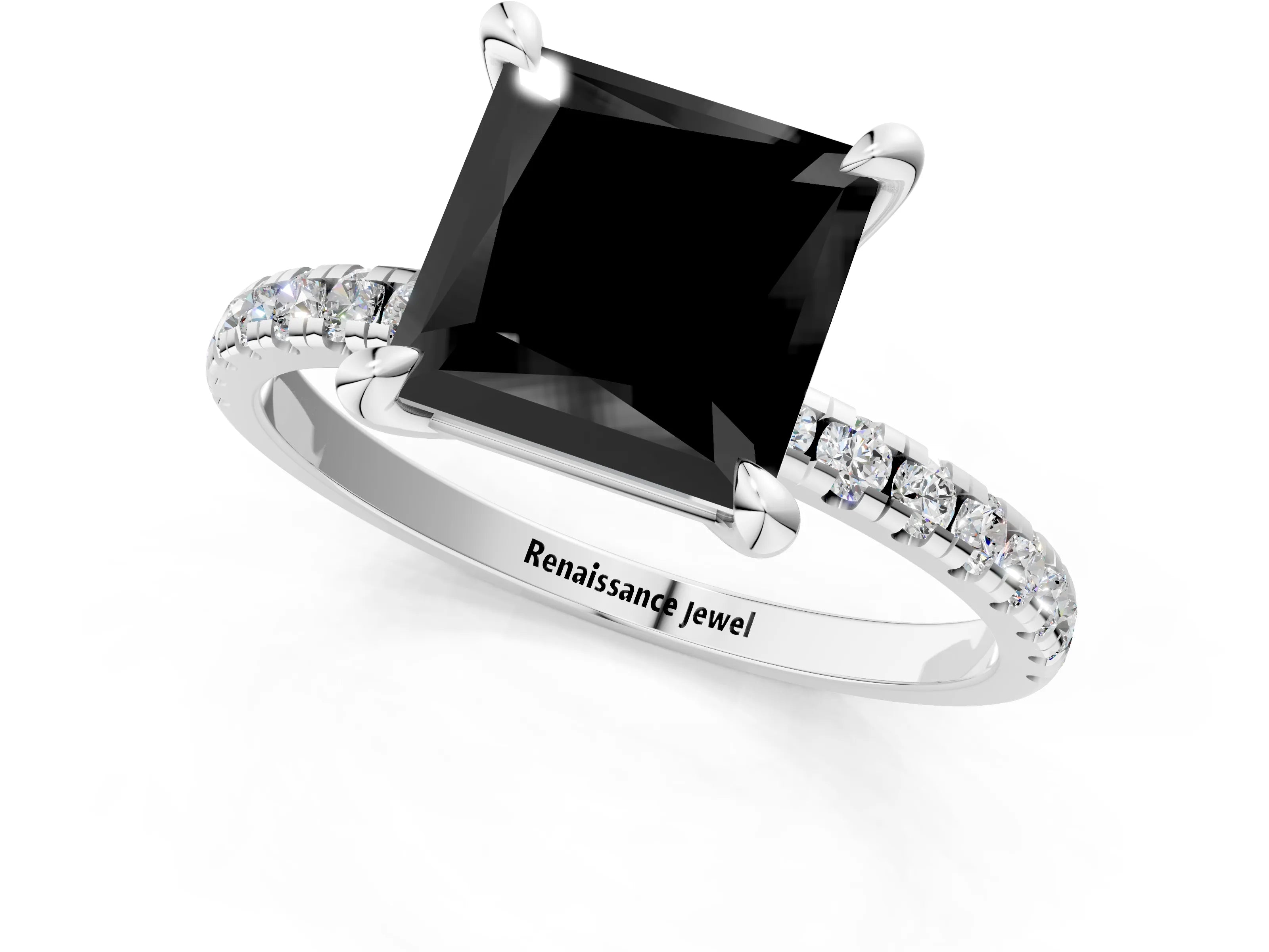 White gold Fancy Black Princess Cut Diamond Brilliant Solitaire Ring with Pavé Band and Four-Prong Setting_1