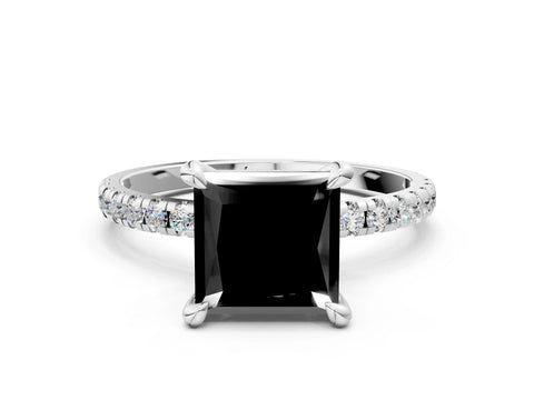 White gold Fancy Black Princess Cut Diamond Brilliant Solitaire Ring with Pavé Band and Four-Prong Setting