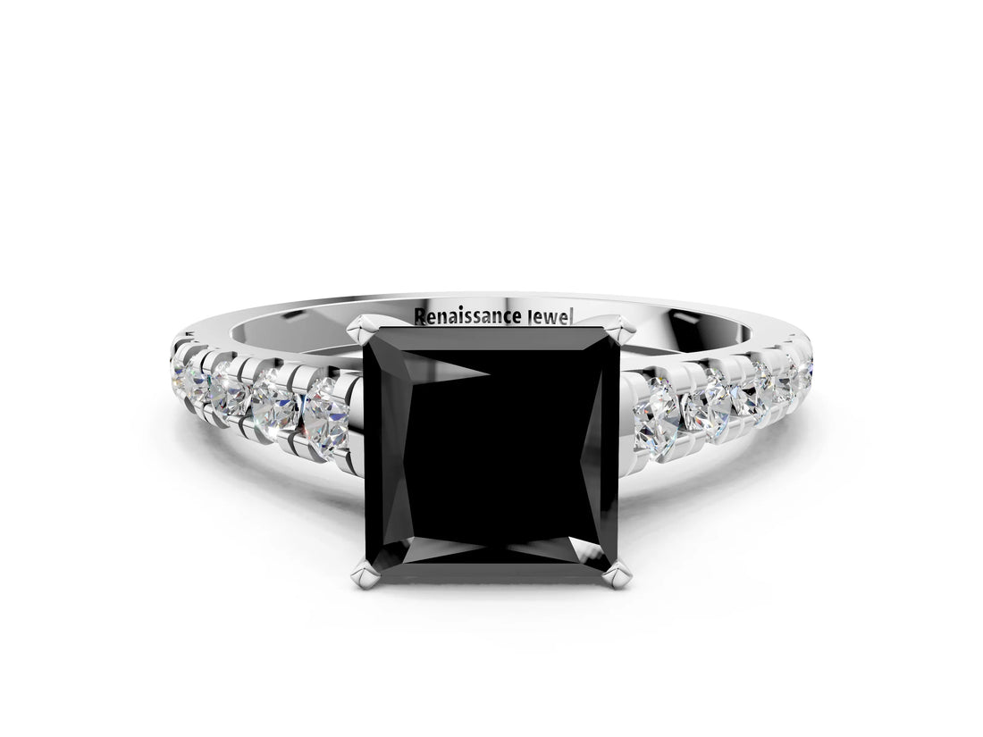 White gold Fancy Black Princess Cut Diamond Cathedral Solitaire Ring with Round  Pavé Band_48