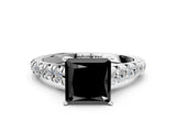 White gold Fancy Black Princess Cut Diamond Cathedral Solitaire Ring with Round  Pavé Band_57