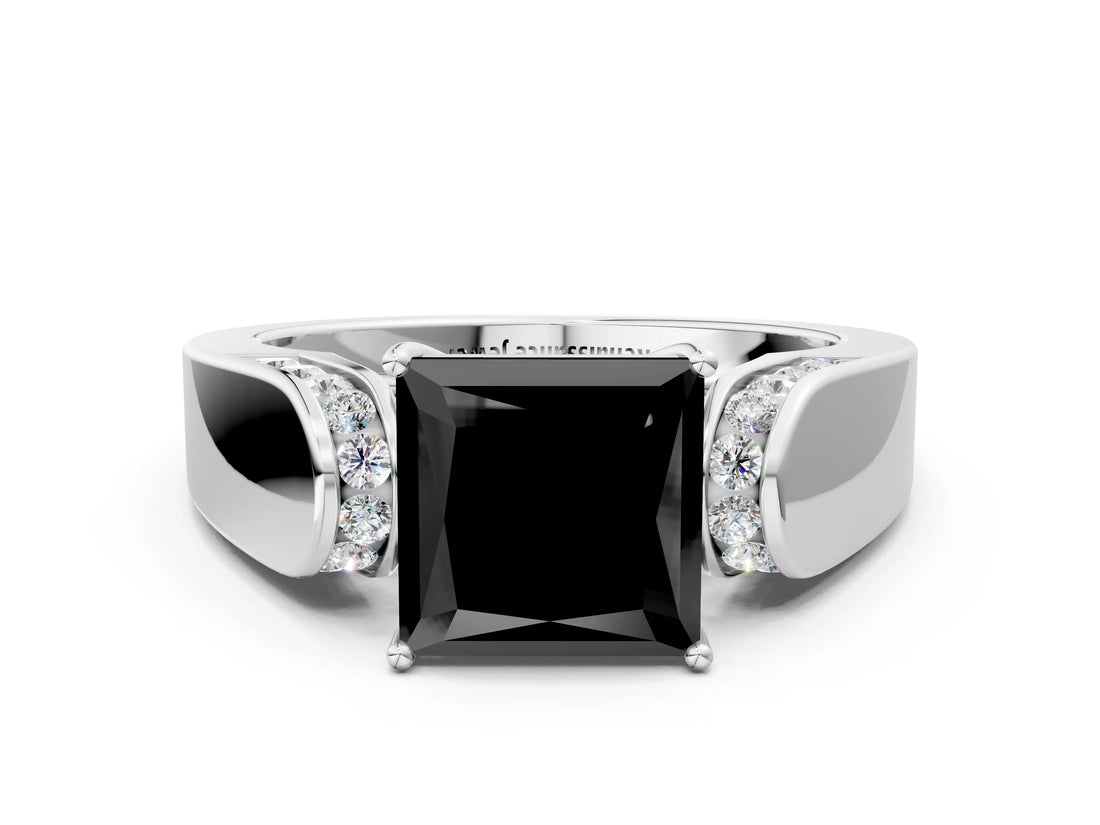 White gold Fancy Black Princess Cut Diamond Channel Set Solitaire Ring with Four-Prong Setting_2