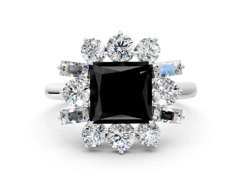 White gold Fancy Black Princess Cut Diamond Cluster Ring with Round and Baguette Stones, Split Shank Band, Prong Setting