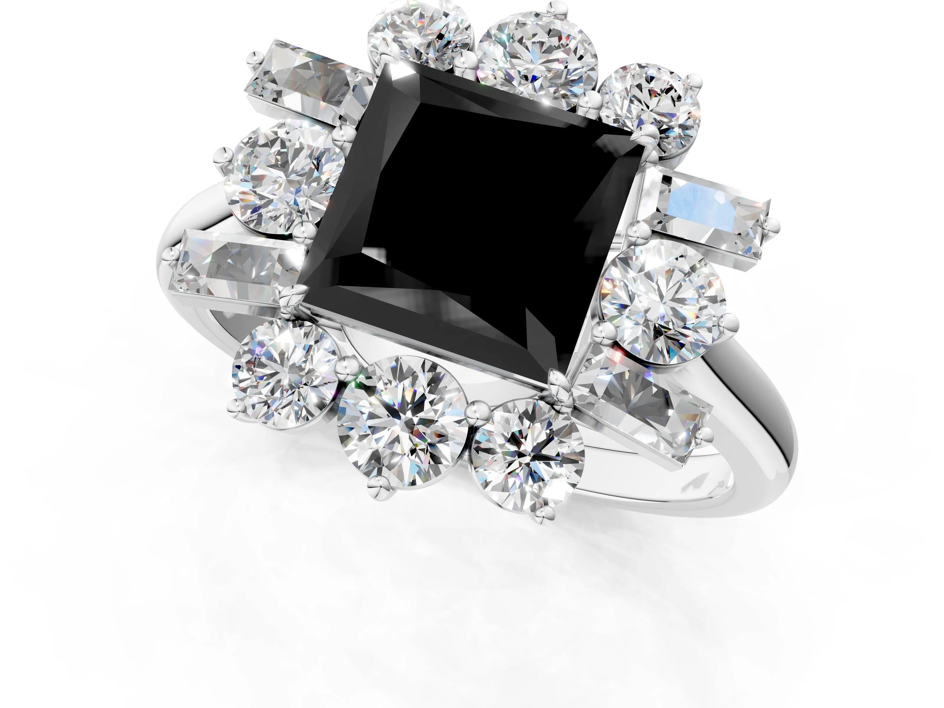White gold Fancy Black Princess Cut Diamond Cluster Ring with Round and Baguette Stones, Split Shank Band, Prong Setting_1