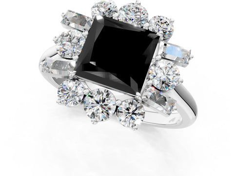 White gold Fancy Black Princess Cut Diamond Cluster Ring with Round and Baguette Stones, Split Shank Band, Prong Setting_13