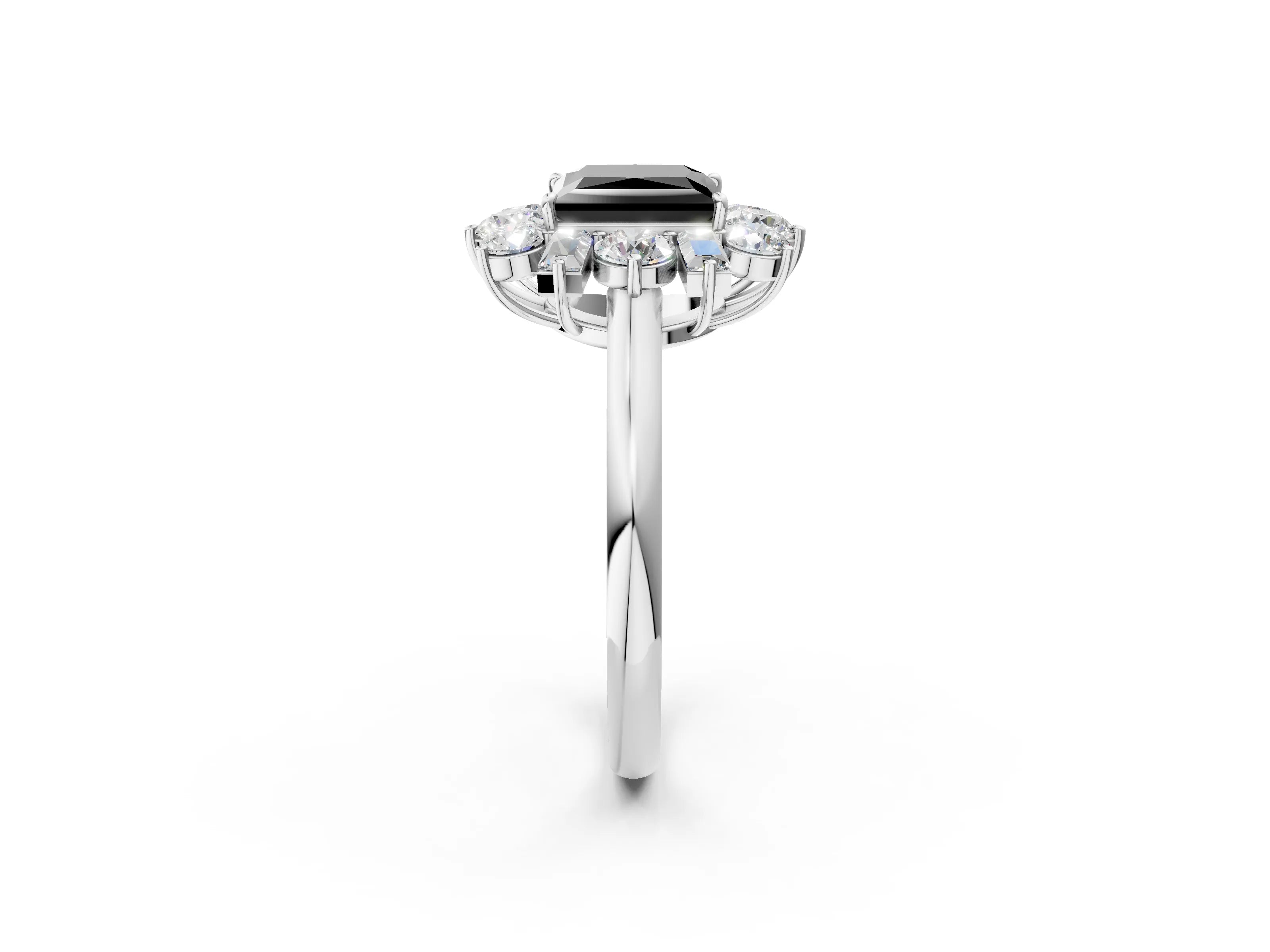 White gold Fancy Black Princess Cut Diamond Cluster Ring with Round and Baguette Stones, Split Shank Band, Prong Setting_14