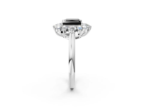 White gold Fancy Black Princess Cut Diamond Cluster Ring with Round and Baguette Stones, Split Shank Band, Prong Setting_14