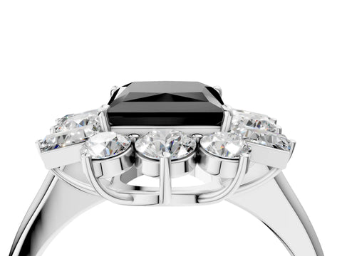 White gold Fancy Black Princess Cut Diamond Cluster Ring with Round and Baguette Stones, Split Shank Band, Prong Setting_16
