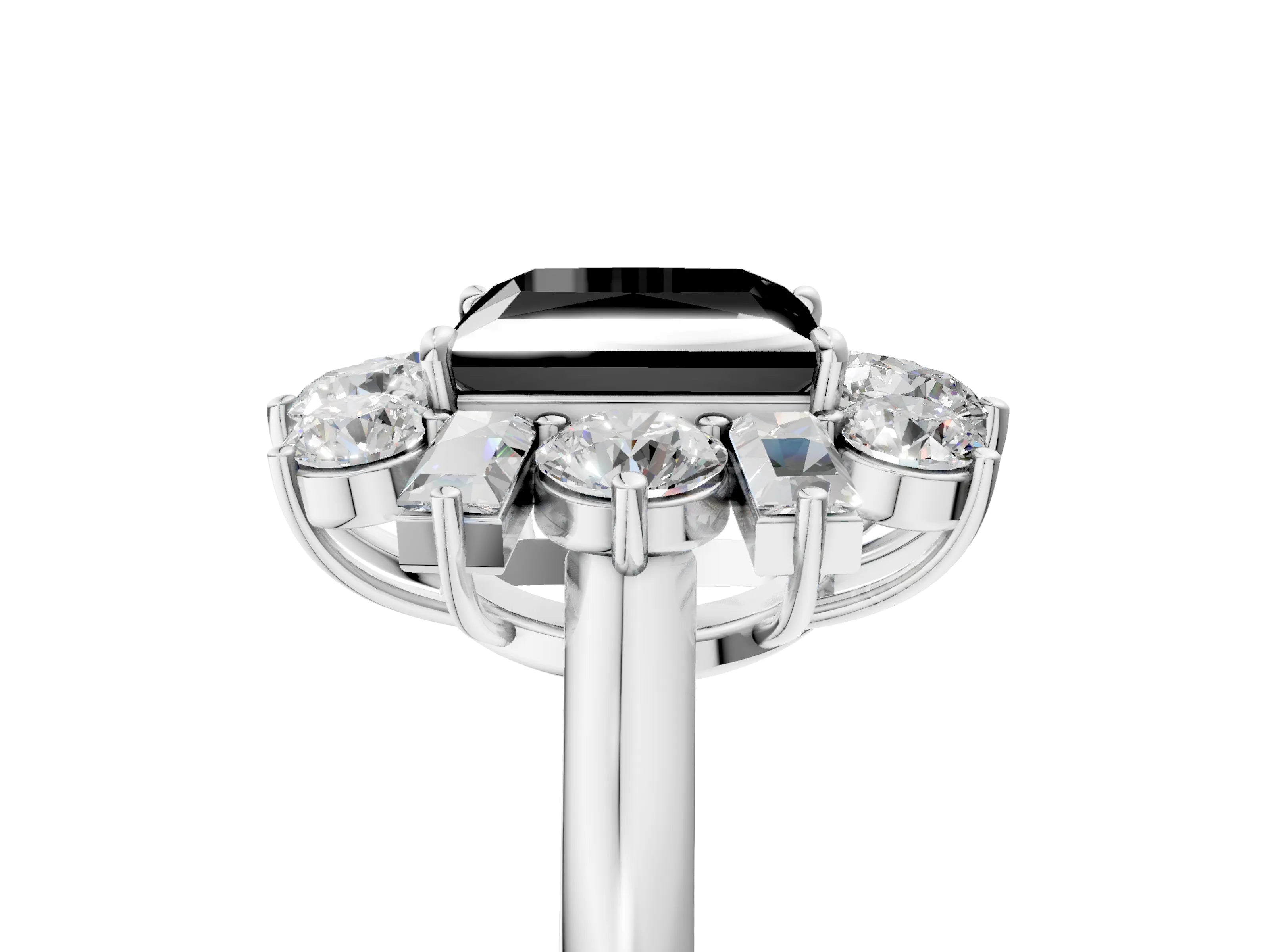 White gold Fancy Black Princess Cut Diamond Cluster Ring with Round and Baguette Stones, Split Shank Band, Prong Setting_17