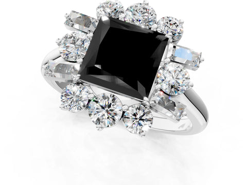 White gold Fancy Black Princess Cut Diamond Cluster Ring with Round and Baguette Stones, Split Shank Band, Prong Setting_1