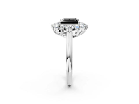 White gold Fancy Black Princess Cut Diamond Cluster Ring with Round and Baguette Stones, Split Shank Band, Prong Setting_2