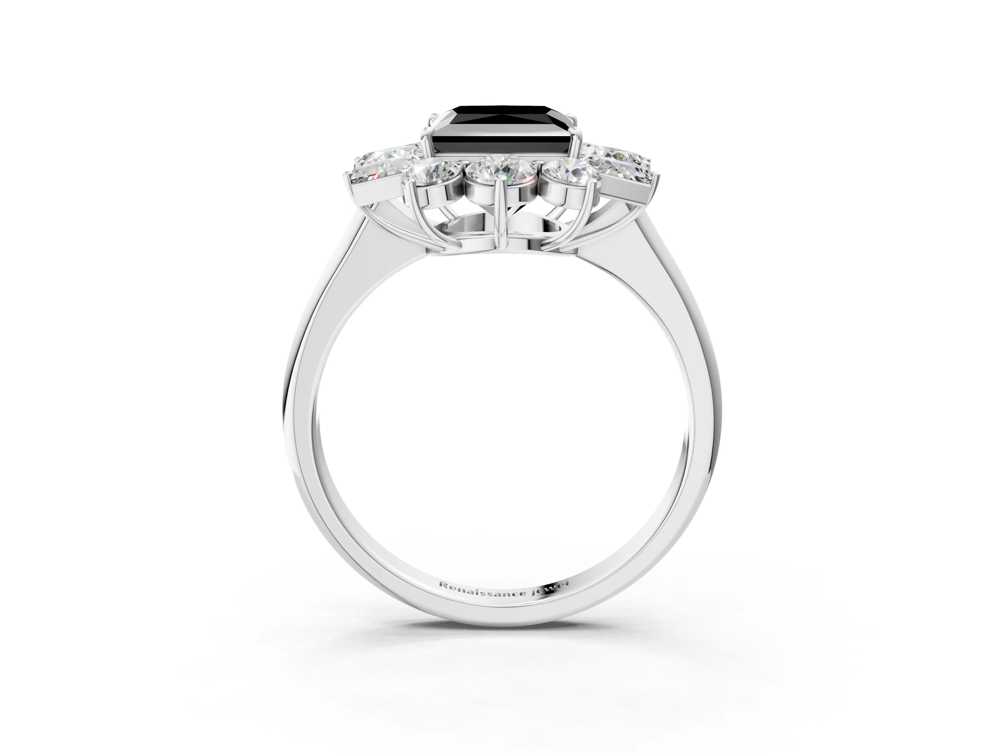 White gold Fancy Black Princess Cut Diamond Cluster Ring with Round and Baguette Stones, Split Shank Band, Prong Setting_3