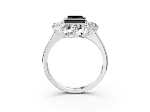 White gold Fancy Black Princess Cut Diamond Cluster Ring with Round and Baguette Stones, Split Shank Band, Prong Setting_3