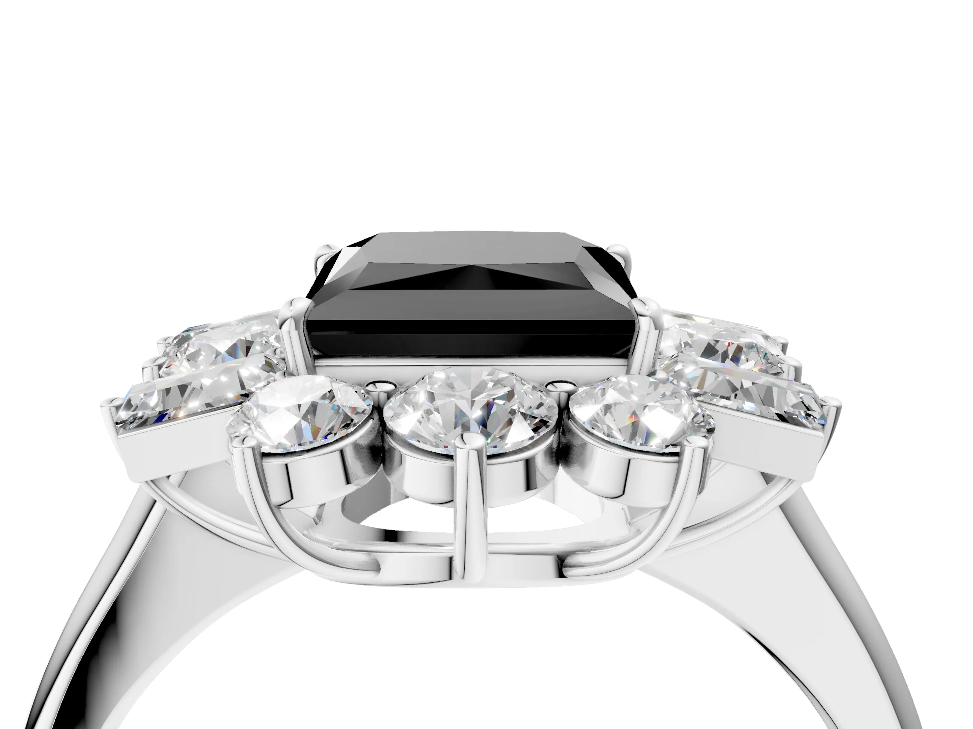 White gold Fancy Black Princess Cut Diamond Cluster Ring with Round and Baguette Stones, Split Shank Band, Prong Setting_4