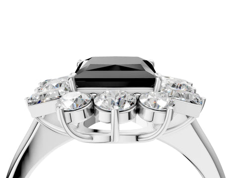 White gold Fancy Black Princess Cut Diamond Cluster Ring with Round and Baguette Stones, Split Shank Band, Prong Setting_4