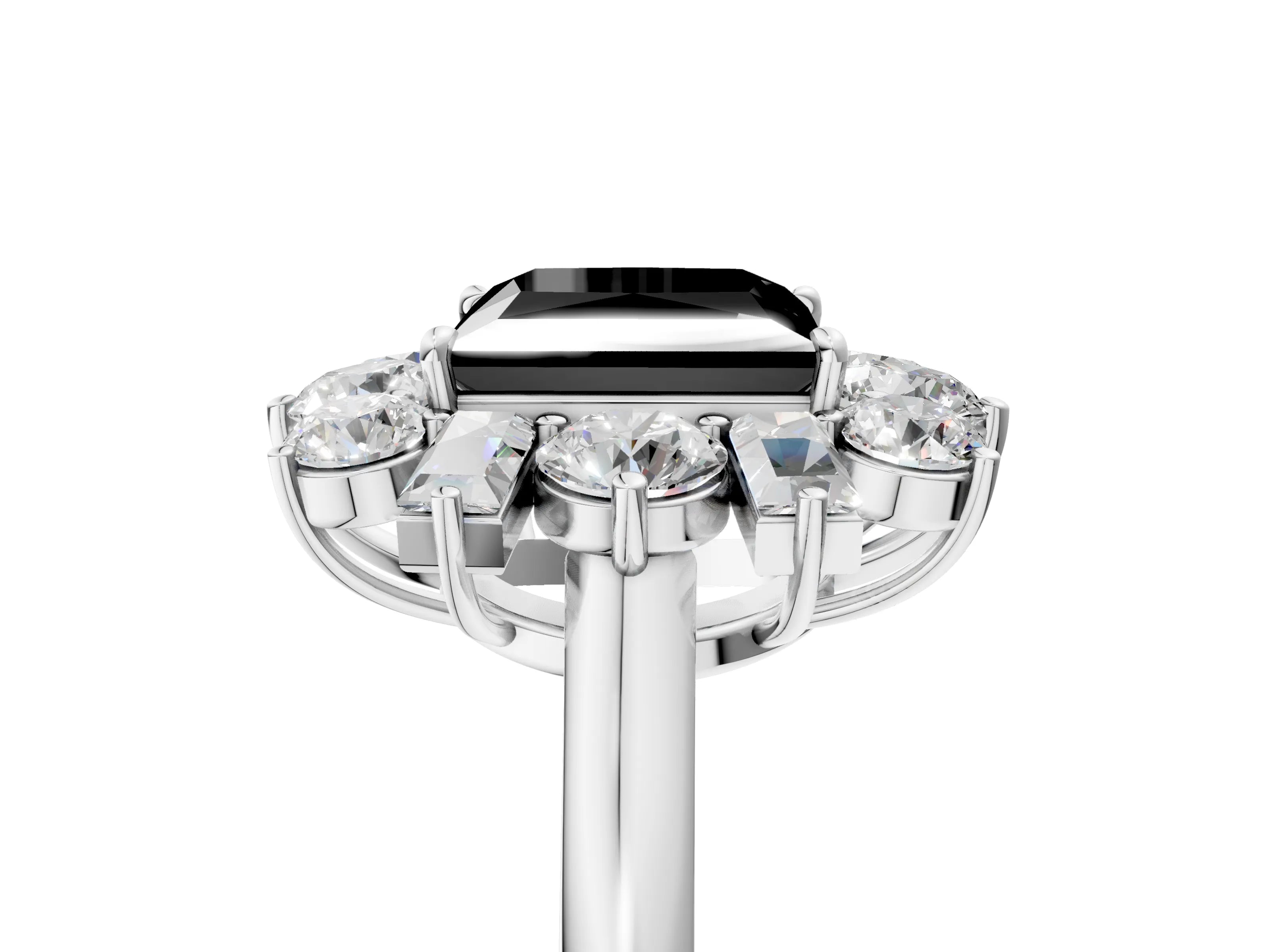 White gold Fancy Black Princess Cut Diamond Cluster Ring with Round and Baguette Stones, Split Shank Band, Prong Setting_5