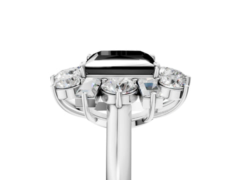 White gold Fancy Black Princess Cut Diamond Cluster Ring with Round and Baguette Stones, Split Shank Band, Prong Setting_5