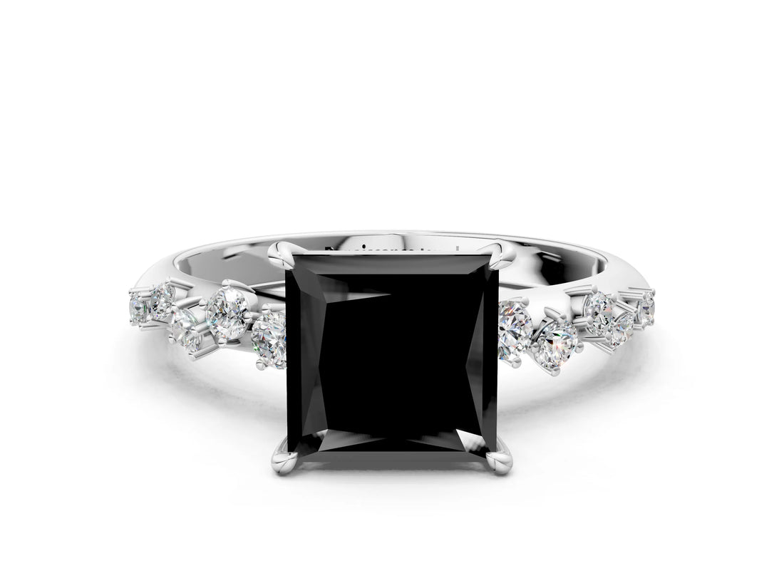 White gold Fancy Black Princess Cut Diamond Cluster Side Stone Solitaire Ring with Prong Setting_48