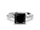 White gold Fancy Black Princess Cut Diamond Cluster Side Stone Solitaire Ring with Prong Setting_48