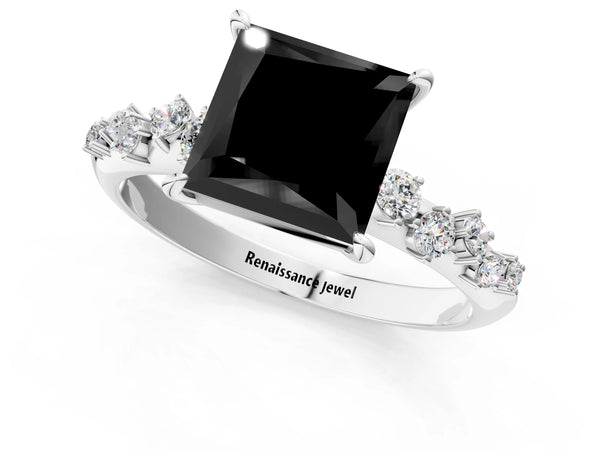 Sterling Silver Princess Cut Graduated Cluster Engagement Ring Setting for Black Center