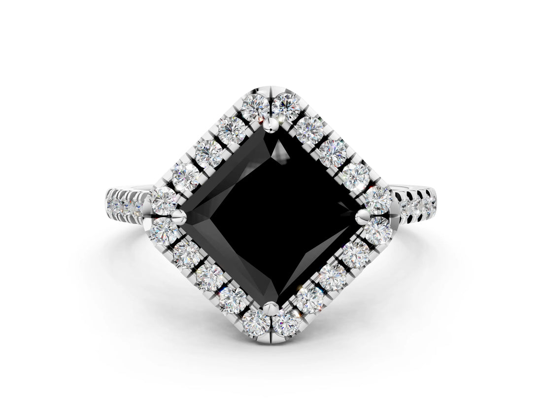 White gold Fancy Black Princess Cut Diamond Cushion Halo Ring with Pavé Band_12