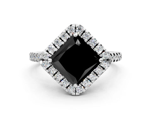 White gold Fancy Black Princess Cut Diamond Cushion Halo Ring with Pavé Band_12