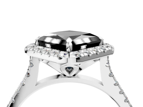White gold Fancy Black Princess Cut Diamond Cushion Halo Ring with Pavé Band_16