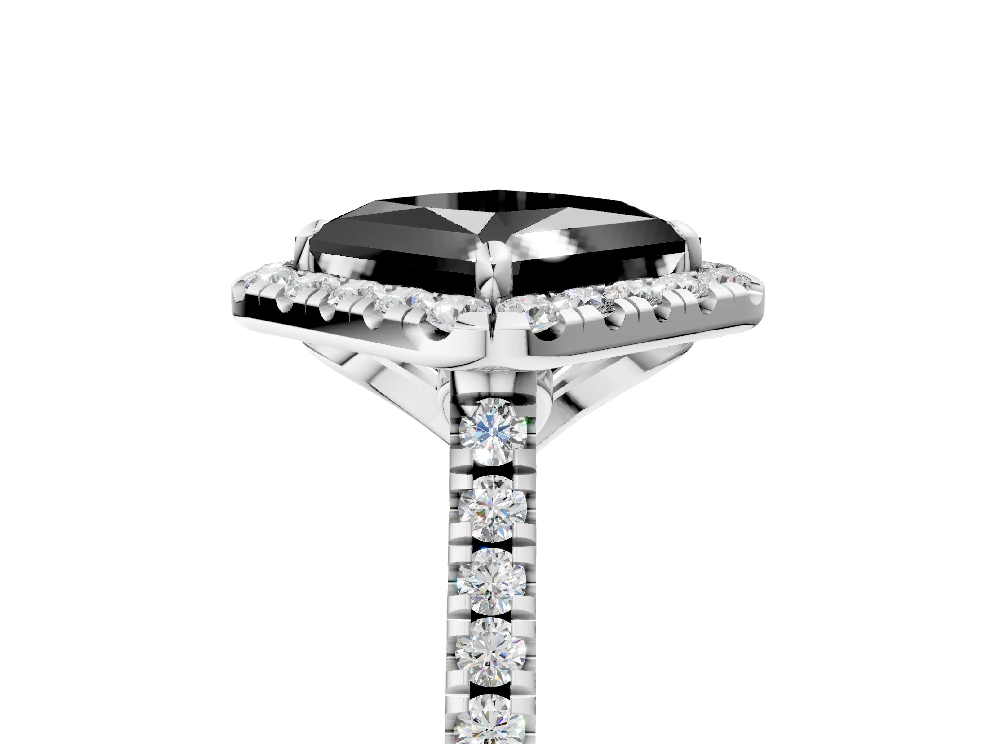 White gold Fancy Black Princess Cut Diamond Cushion Halo Ring with Pavé Band_17