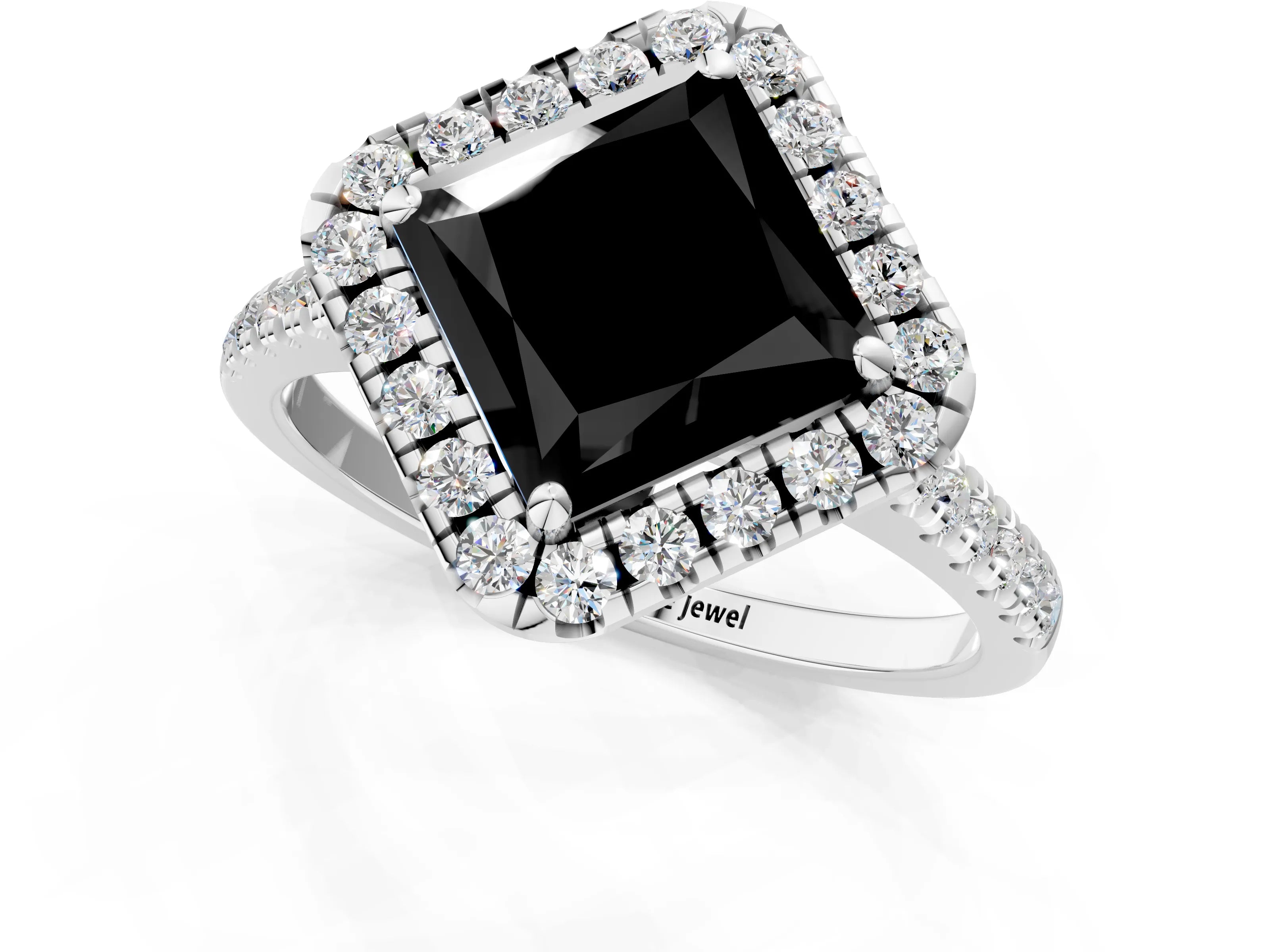 White gold Fancy Black Princess Cut Diamond Cushion Halo Ring with Pavé Band_1