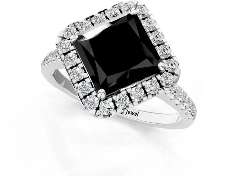 White gold Fancy Black Princess Cut Diamond Cushion Halo Ring with Pavé Band_1