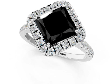 White gold Fancy Black Princess Cut Diamond Cushion Halo Ring with Pavé Band_1