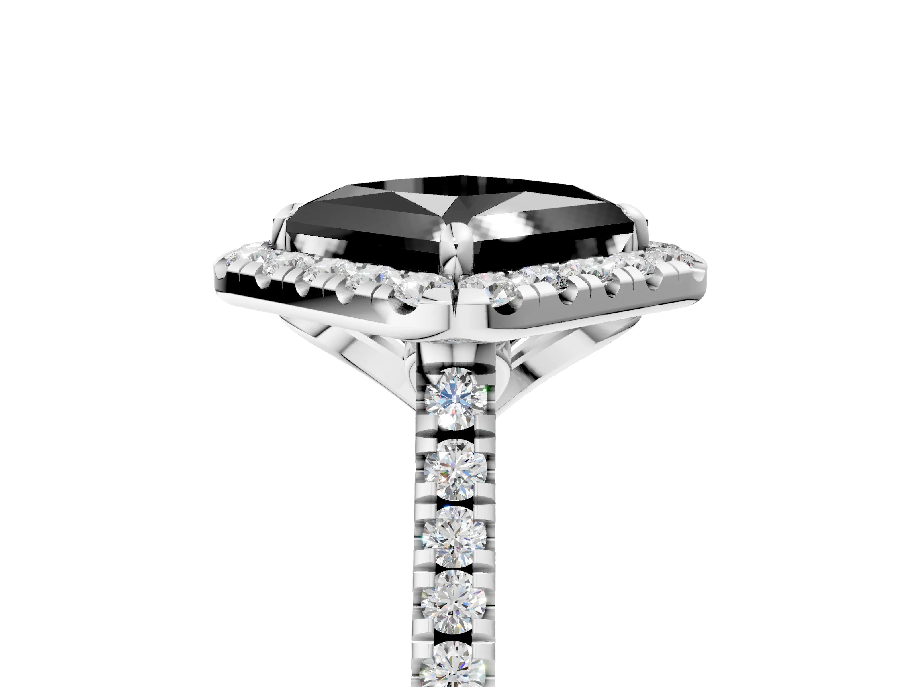 White gold Fancy Black Princess Cut Diamond Cushion Halo Ring with Pavé Band_5