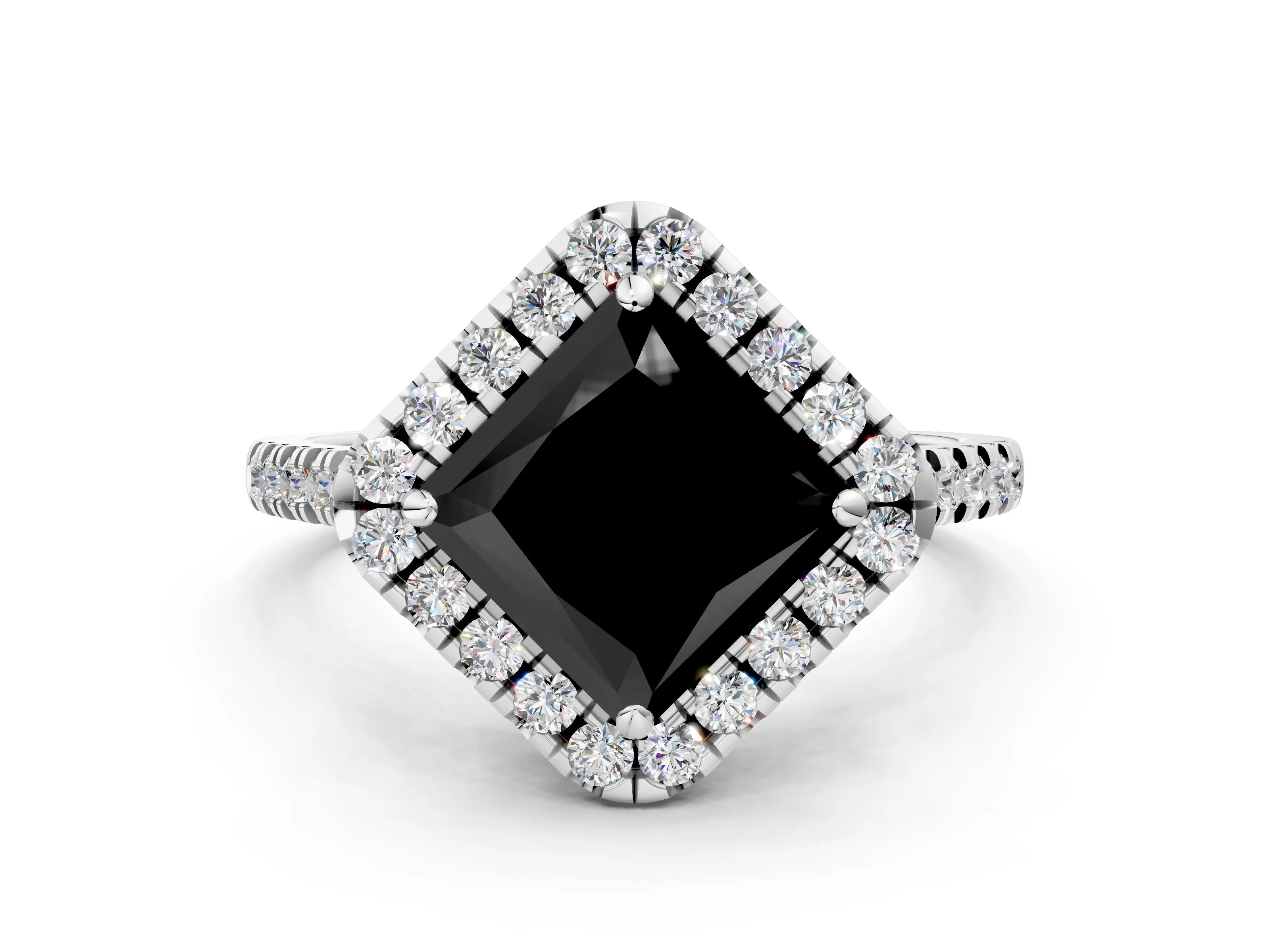 White gold Fancy Black Princess Cut Diamond Cushion Halo Ring with Pavé Band