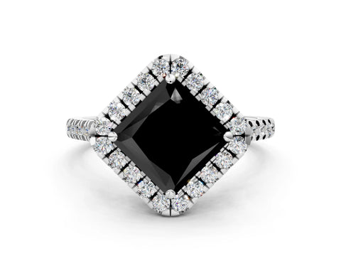 White gold Fancy Black Princess Cut Diamond Cushion Halo Ring with Pavé Band