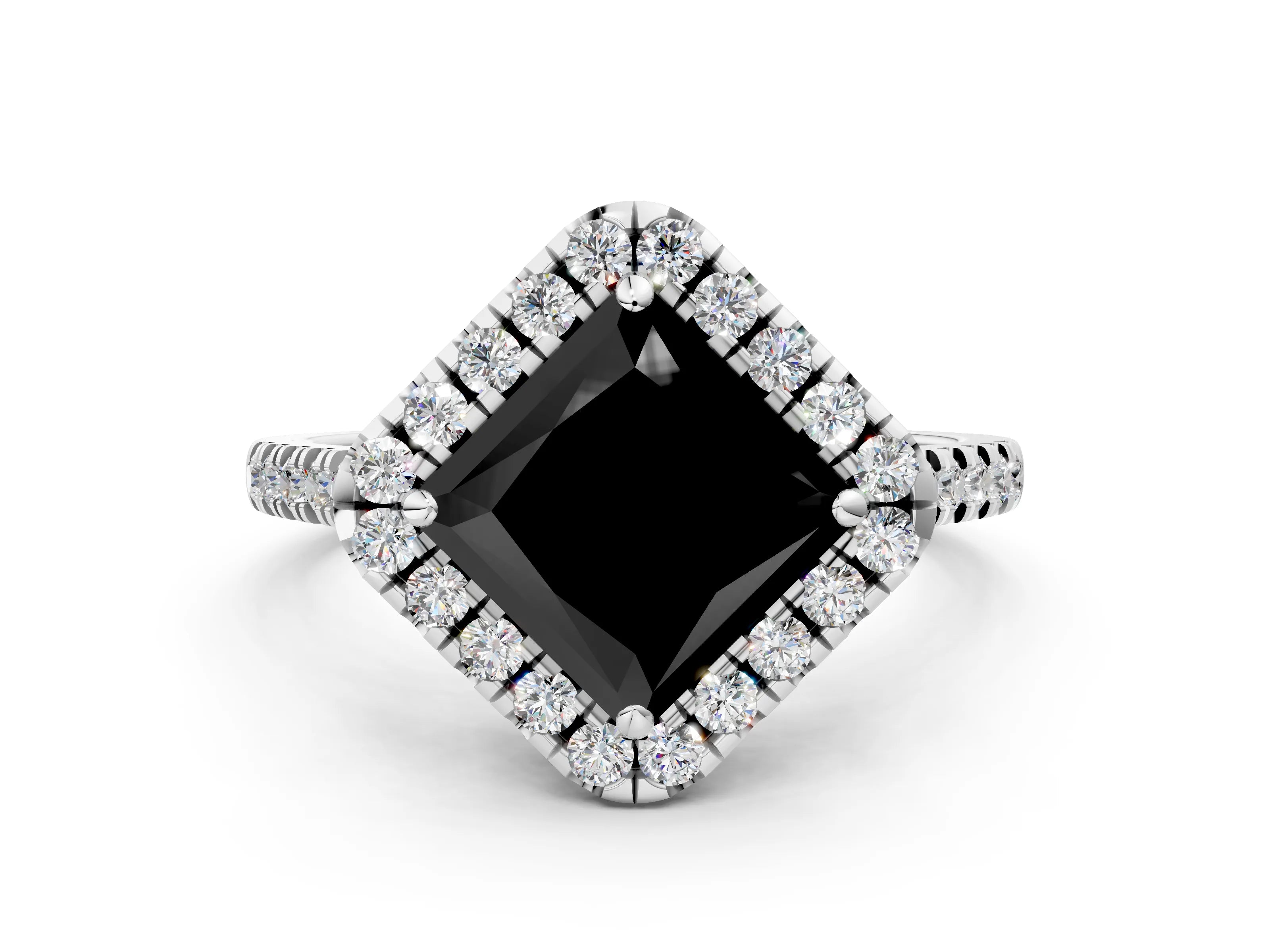 White gold Fancy Black Princess Cut Diamond Cushion Halo Ring with Pavé Band