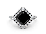 White gold Fancy Black Princess Cut Diamond Cushion Halo Ring with Pavé Band