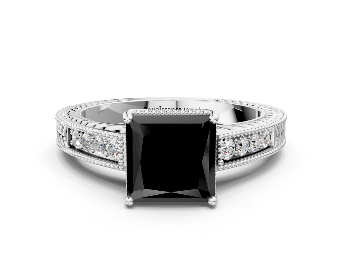 White gold Fancy Black Princess Cut Diamond Engagement Ring with Milgrain Channel Set Band and Prong Setting