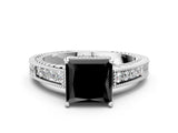 White gold Fancy Black Princess Cut Diamond Engagement Ring with Milgrain Channel Set Band and Prong Setting