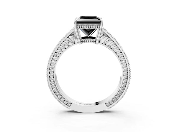 Silver Fancy Black Princess Cut Diamond Engagement Ring with Milgrain Channel Set Band and Prong Setting