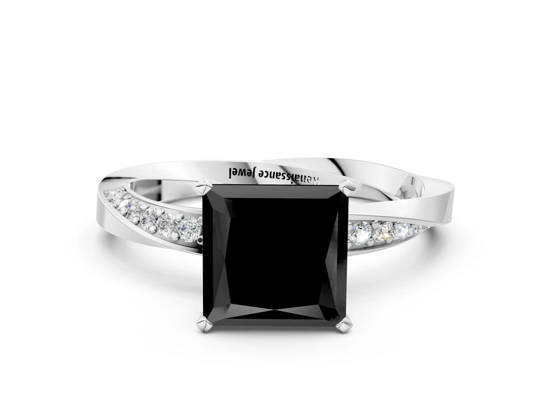 White gold Fancy Black Princess Cut Diamond Engagement Ring with Side Stone Accents and Four-Prong Setting_48