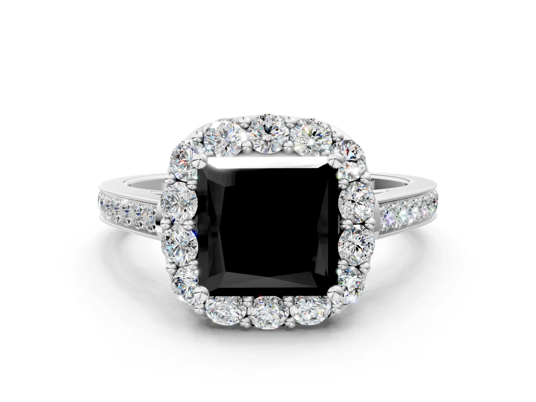White gold Fancy Black Princess Cut Diamond Floral Halo Ring with Pavé Band and Prong Setting_7