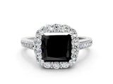 White gold Fancy Black Princess Cut Diamond Floral Halo Ring with Pavé Band and Prong Setting_7