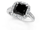 White gold Fancy Black Princess Cut Diamond Floral Halo Ring with Pavé Band and Prong Setting_8