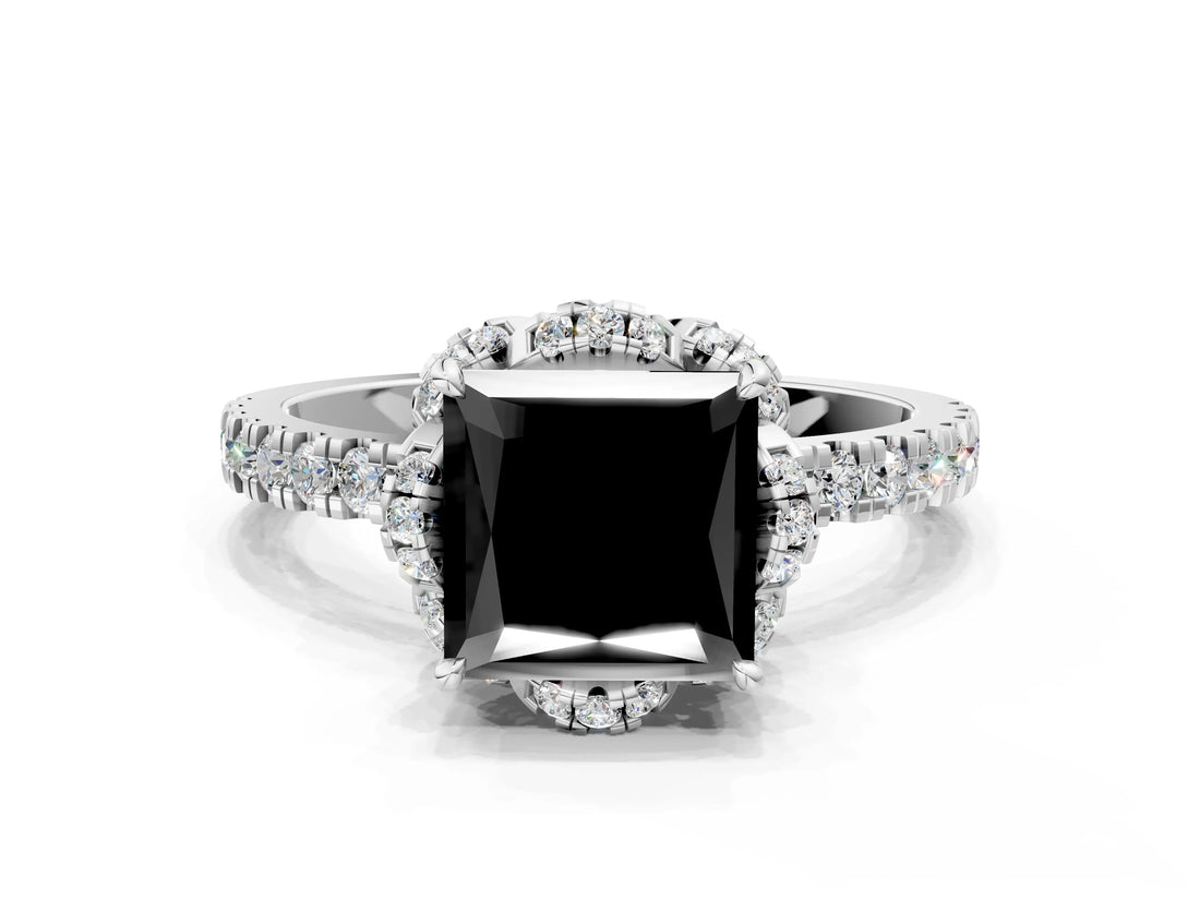 White gold Fancy Black Princess Cut Diamond Halo Pave Band with Four-Prong Setting_3